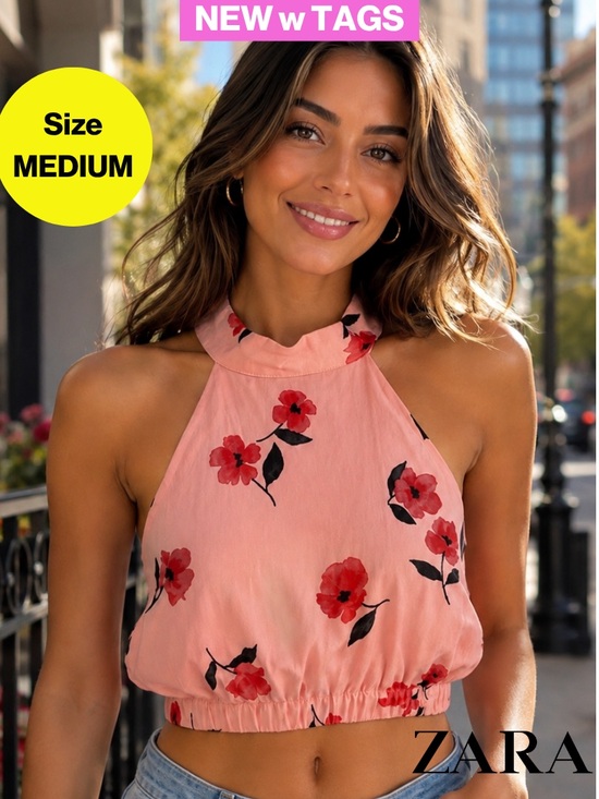 Zara Tops - NEW w TAGS 🏷️ ZARA Open Back, Coral Pink Floral Halter Crop Top (Women’s Medium)